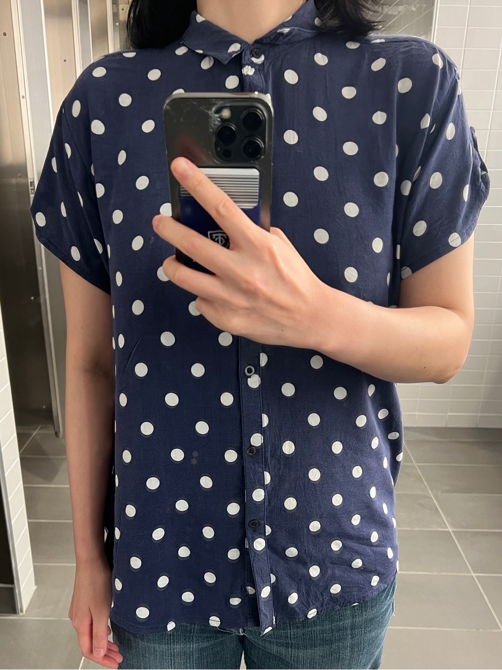 Bossini Navy Polka Dot Short Sleeve Top One Size